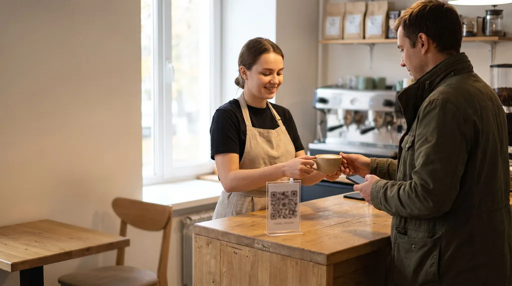 Бариста в кофейне передаёт гостю кофе, на стойке — табличка с QR-кодом